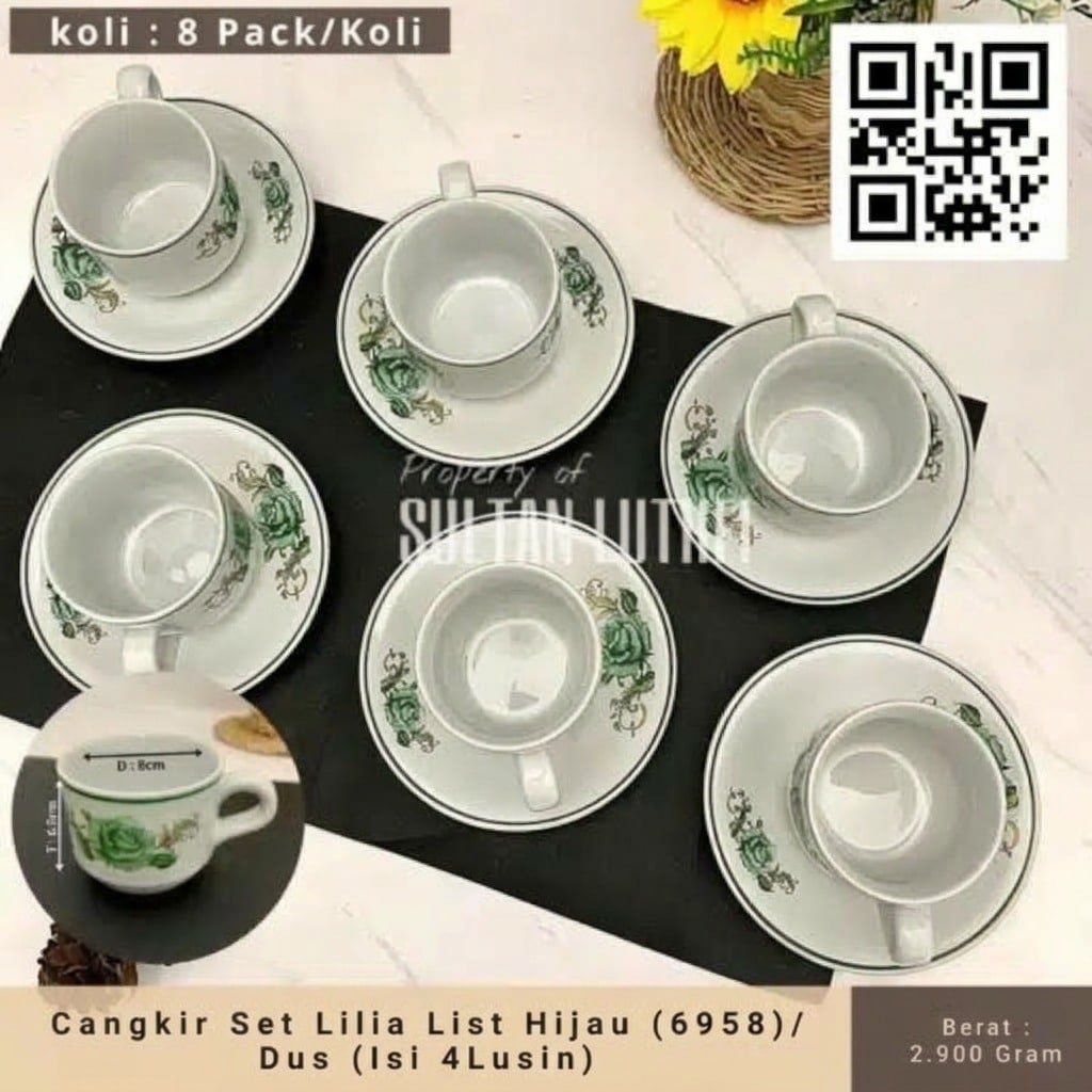 Cangkir Set Lilia List Hijau (6958) Dus (Isi 4Lusin)