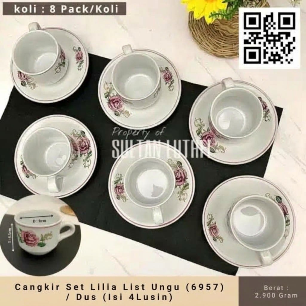 Cangkir Set Lilia List Ungu (6957) Dus (Isi 4Lusin)