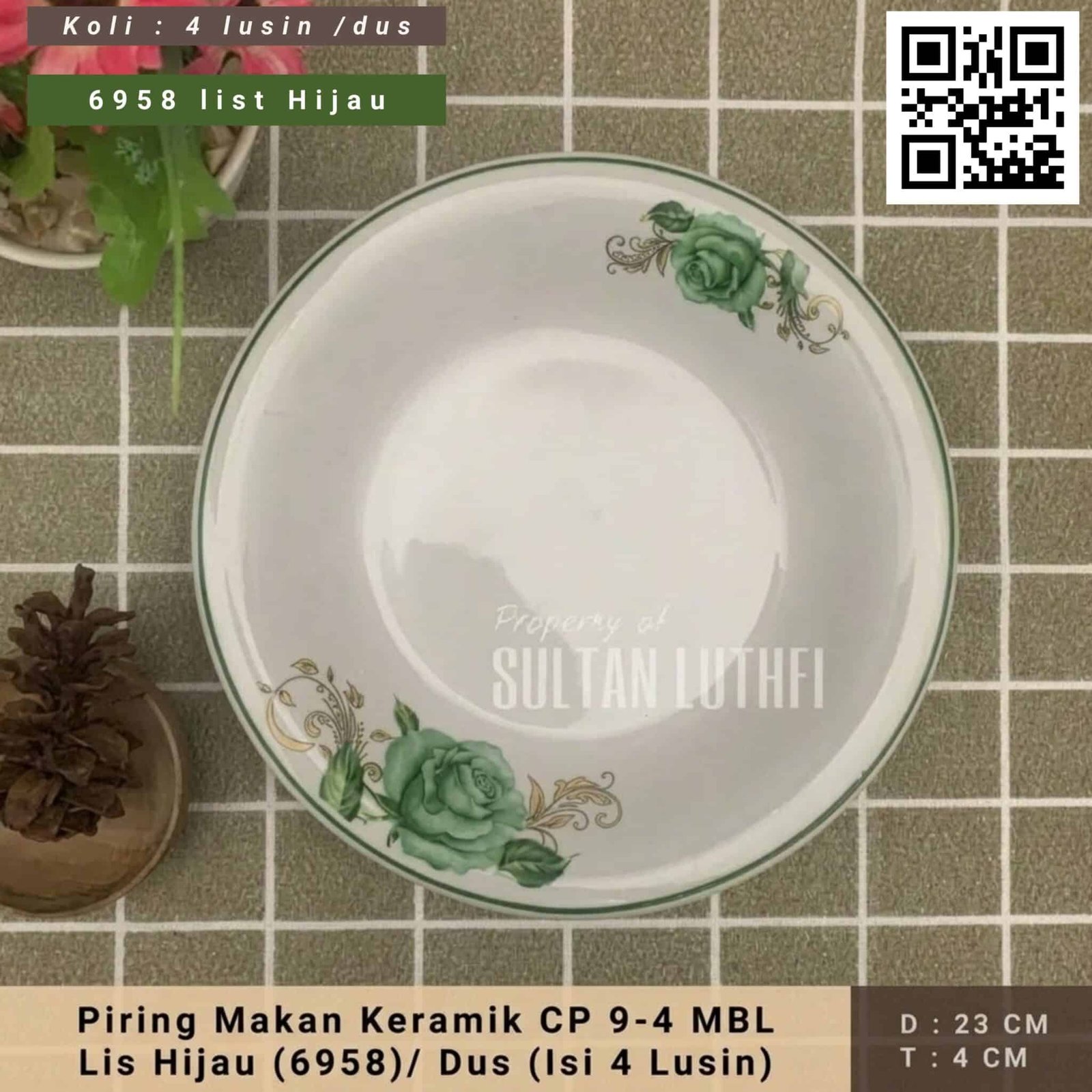 Piring Makan Keramik CP 9-4 MBL Lis Hijau (6958) Dus (Isi 4 Lusin)