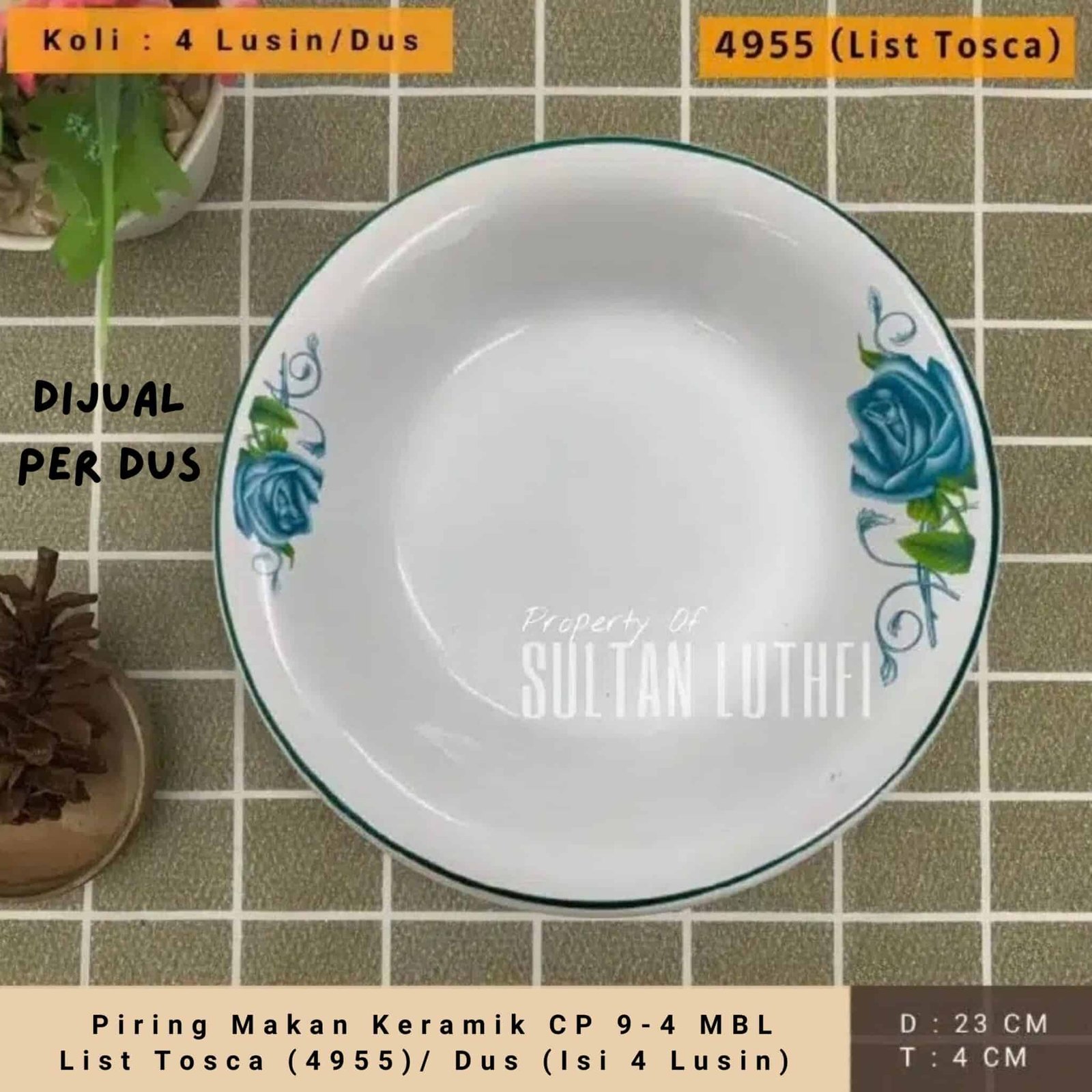 Piring Makan Keramik CP 9-4 MBL List Tosca (4955) Dus (Isi 4 Lusin)