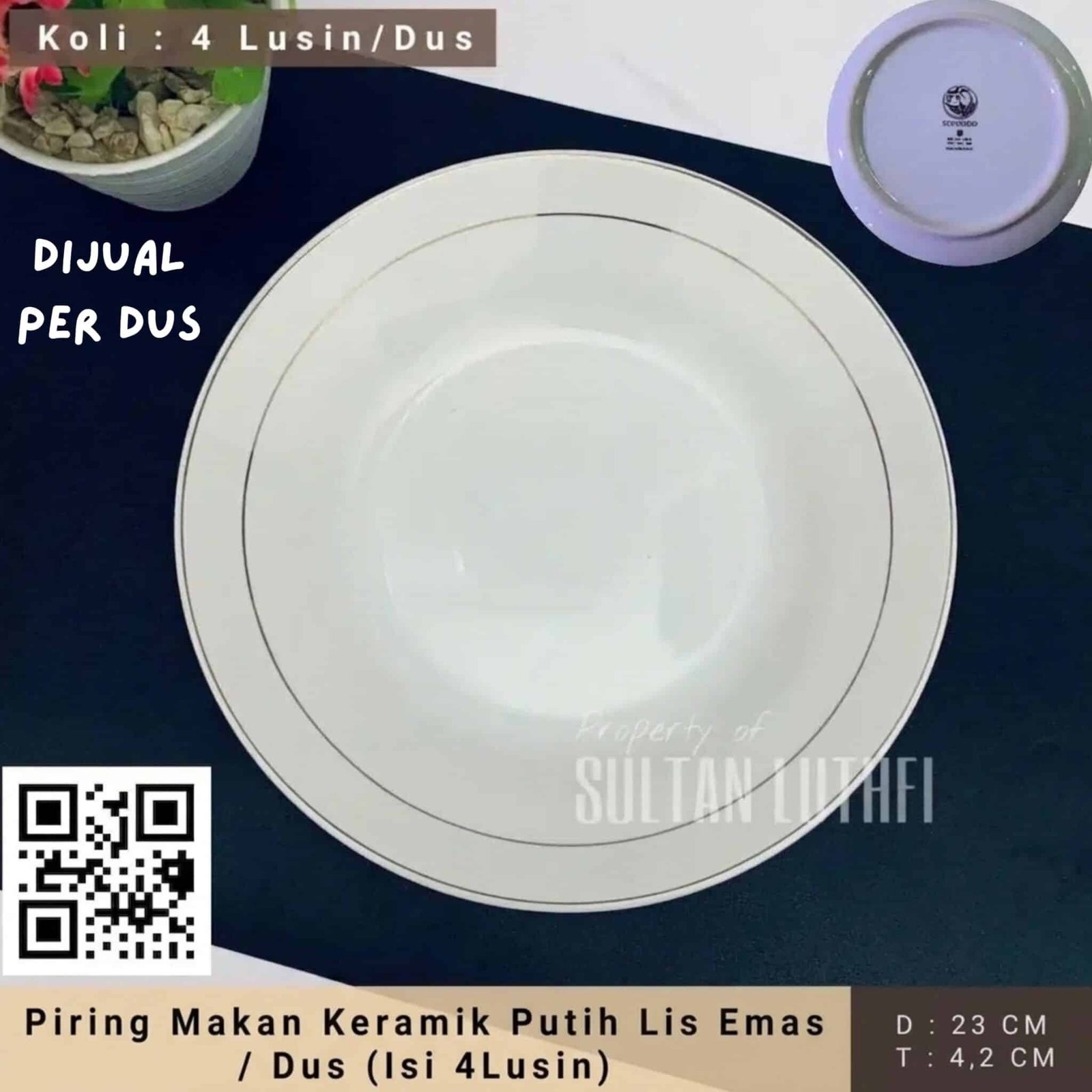 Piring Makan Keramik Putih Lis Emas Dus (Isi 4Lusin)