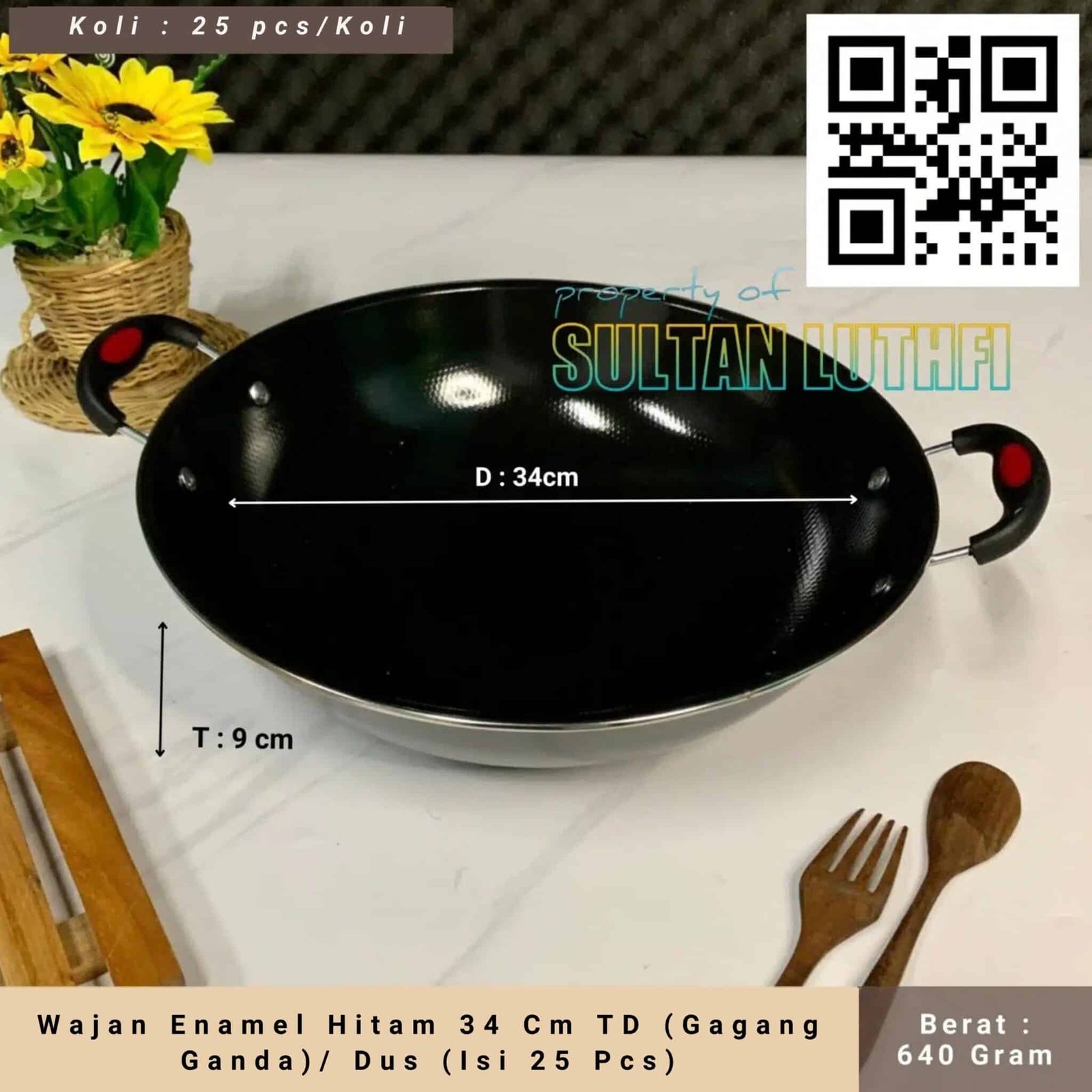 Wajan Enamel Hitam 34 Cm TD (Gagang Ganda) Dus (Isi 25 Pcs)