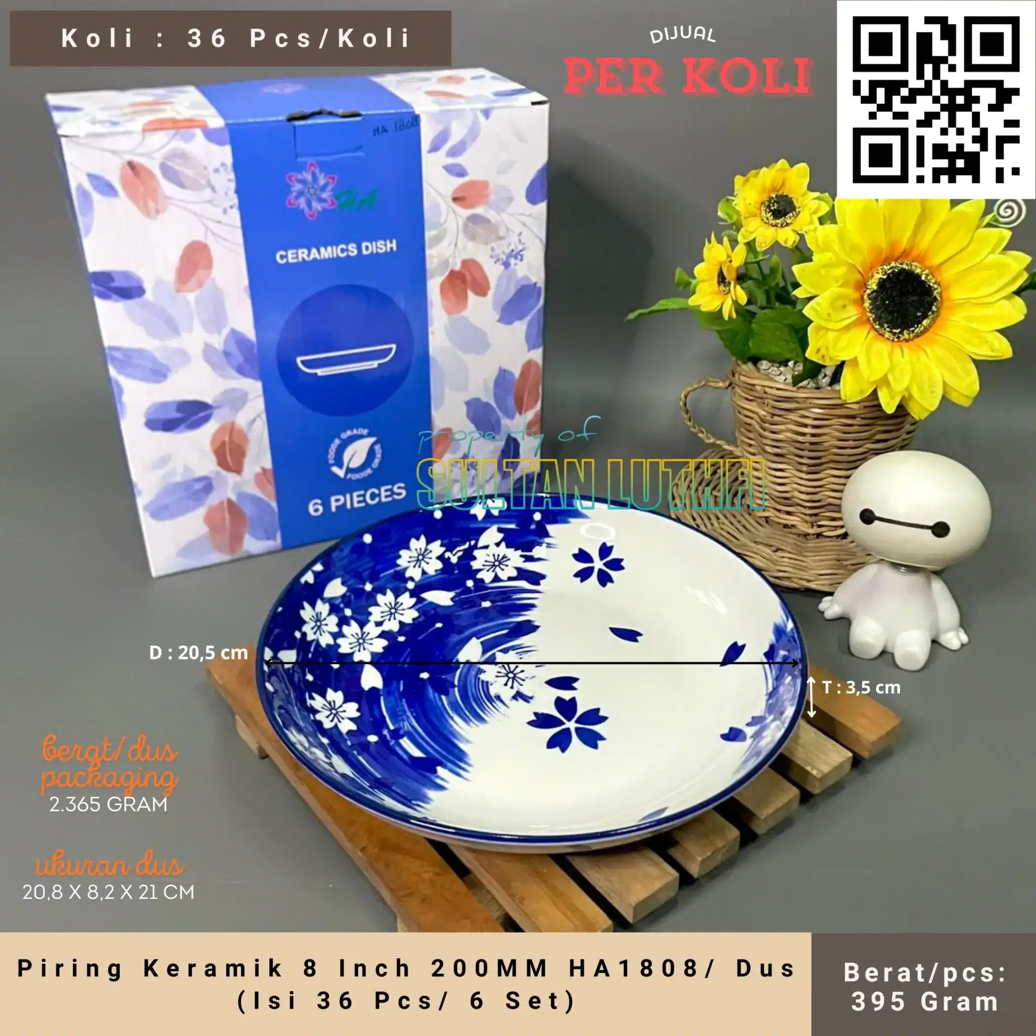 Piring Keramik 8 Inch 200MM HA1808 Dus (Isi 36 Pcs 6 Set)_11zon