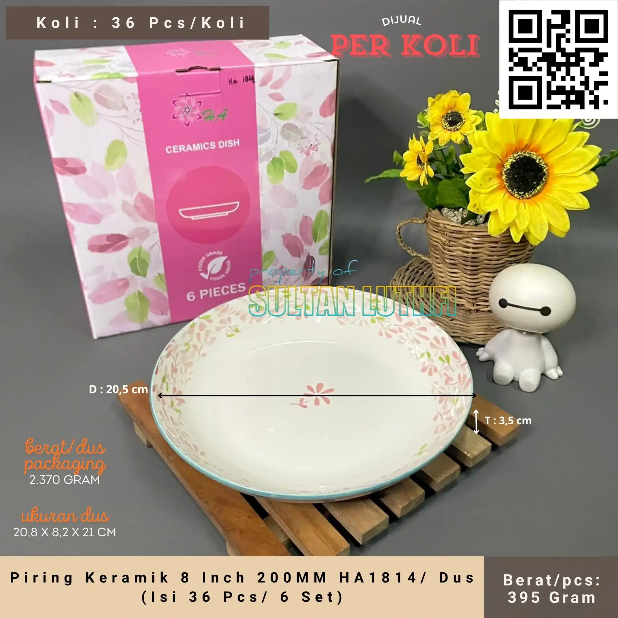 Piring Keramik 8 Inch 200MM HA1814 Dus (Isi 36 Pcs 6 Set)_11zon