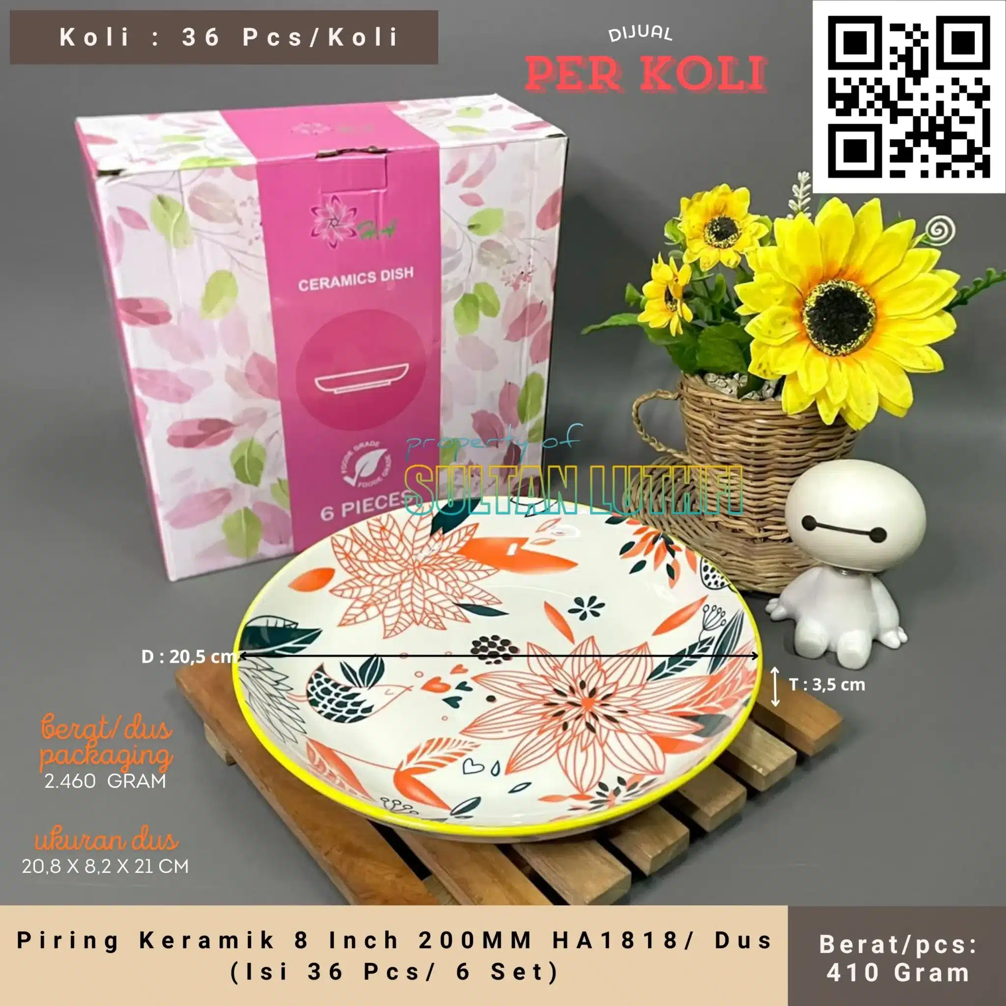 Piring Keramik 8 Inch 200MM HA1818 Dus (Isi 36 Pcs 6 Set)_11zon