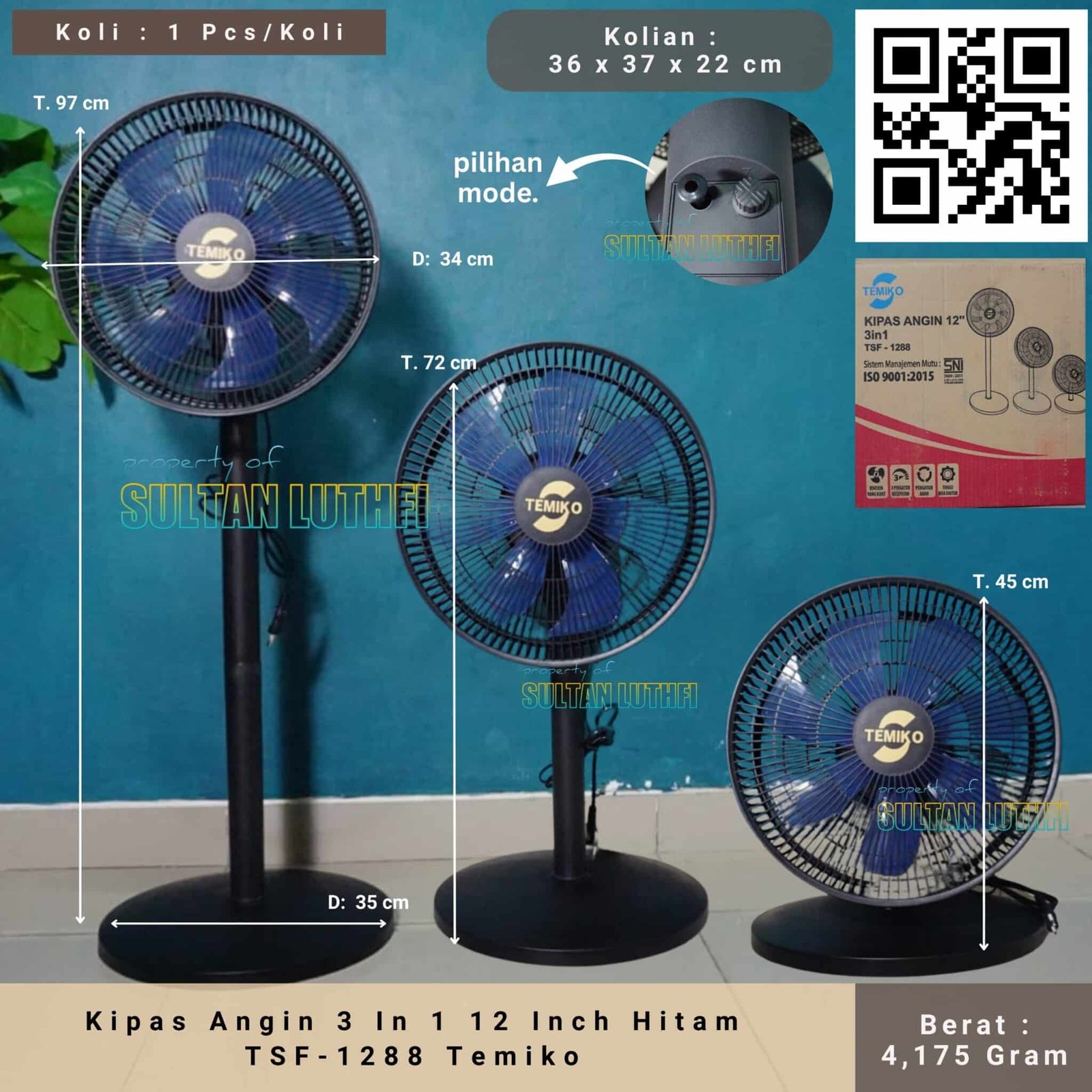 Kipas Angin 3 In 1 12 Inch Hitam TSF-1288 Temiko
