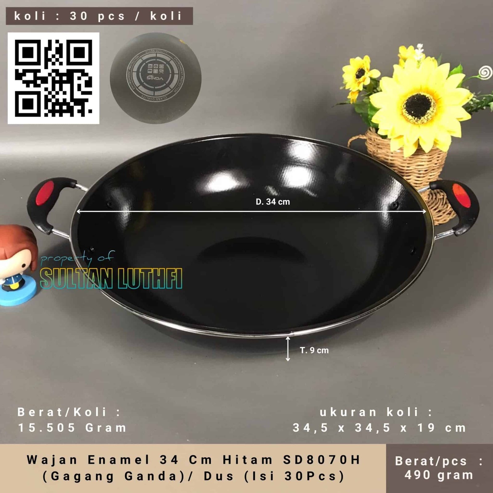 Wajan Enamel 34 Cm Hitam SD8070H (Gagang Ganda) Dus (Isi 30Pcs)