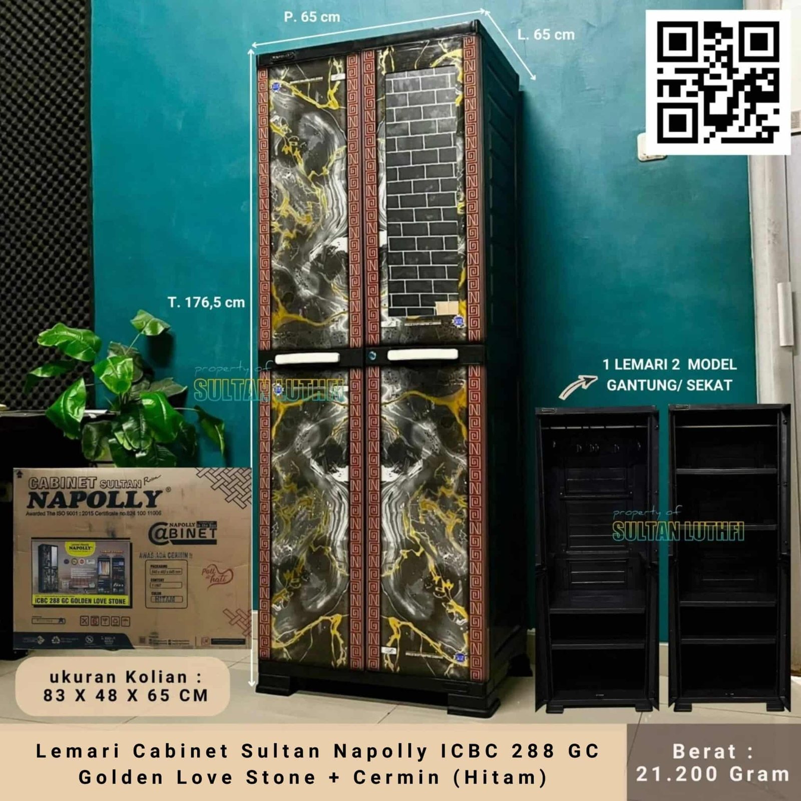 Lemari Cabinet Sultan Napolly ICBC 288 GC Golden Love Stone + Cermin (Hitam)