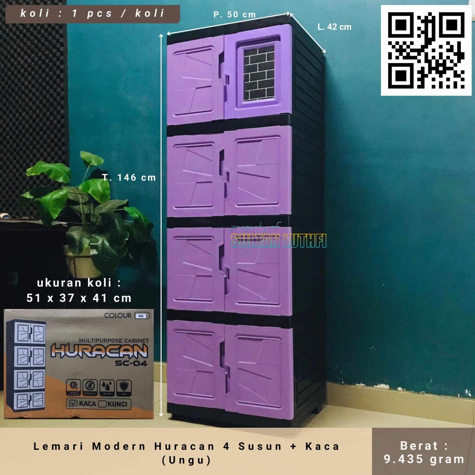 Lemari Modern Huracan 4 Susun + Kaca (Ungu)
