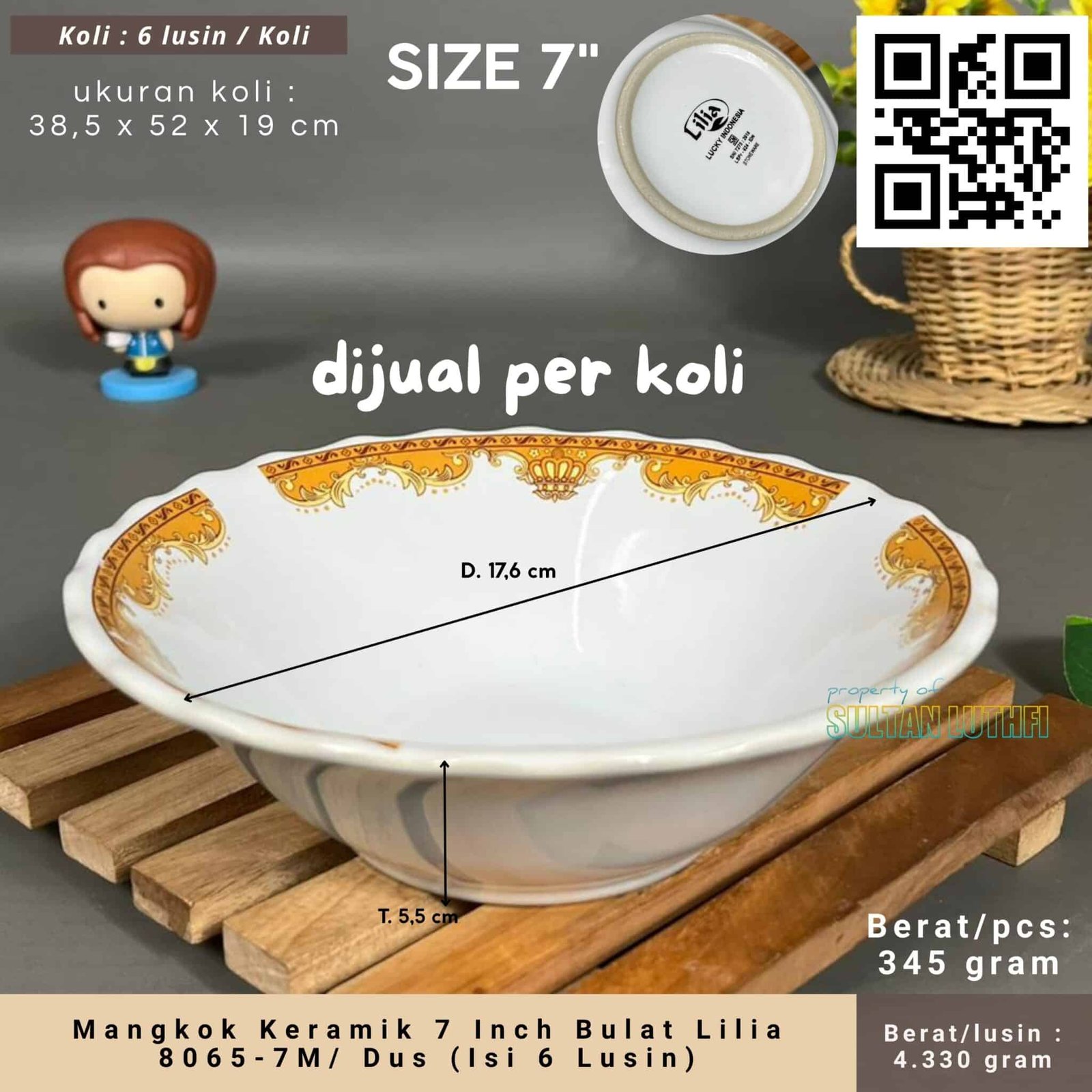 Mangkok Keramik 7 Inch Bulat Lilia 8065-7M Dus (Isi 6 Lusin)