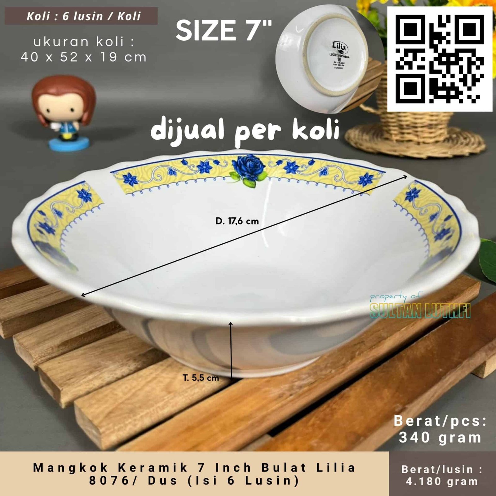 Mangkok Keramik 7 Inch Bulat Lilia 8076 Dus (Isi 6 Lusin)