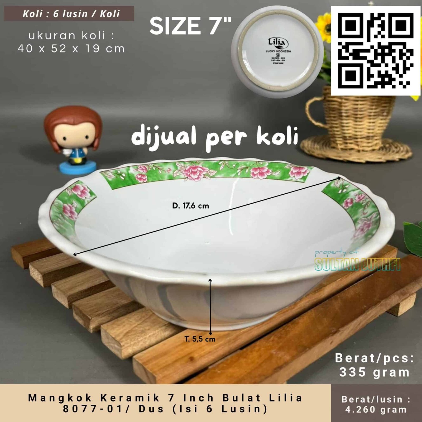 Mangkok Keramik 7 Inch Bulat Lilia 8077-01 Dus (Isi 6 Lusin)
