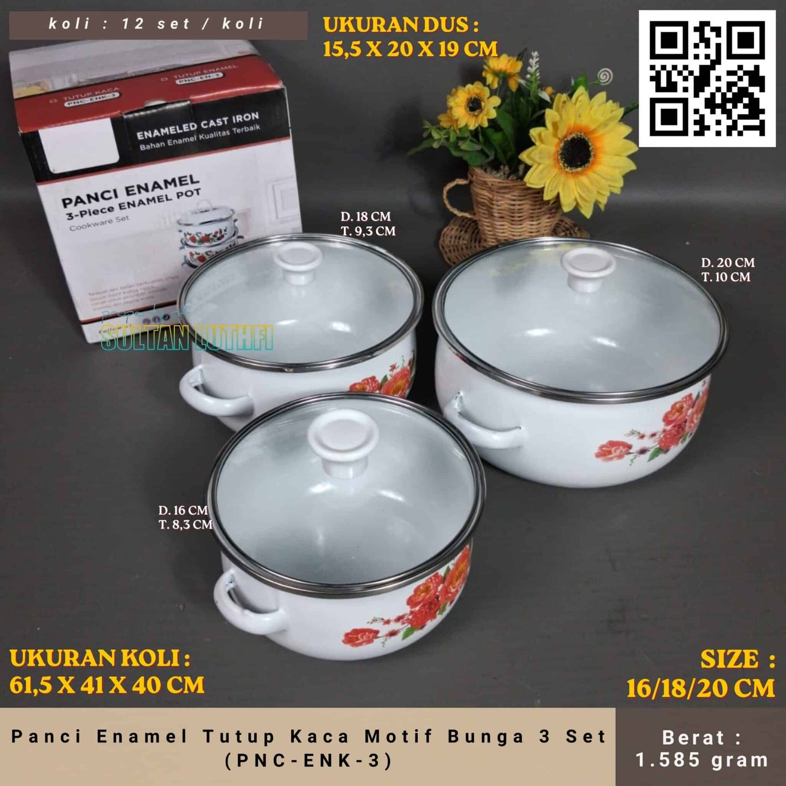 Panci Enamel Tutup Kaca Motif Bunga 3 Set (PNC-ENK-3)
