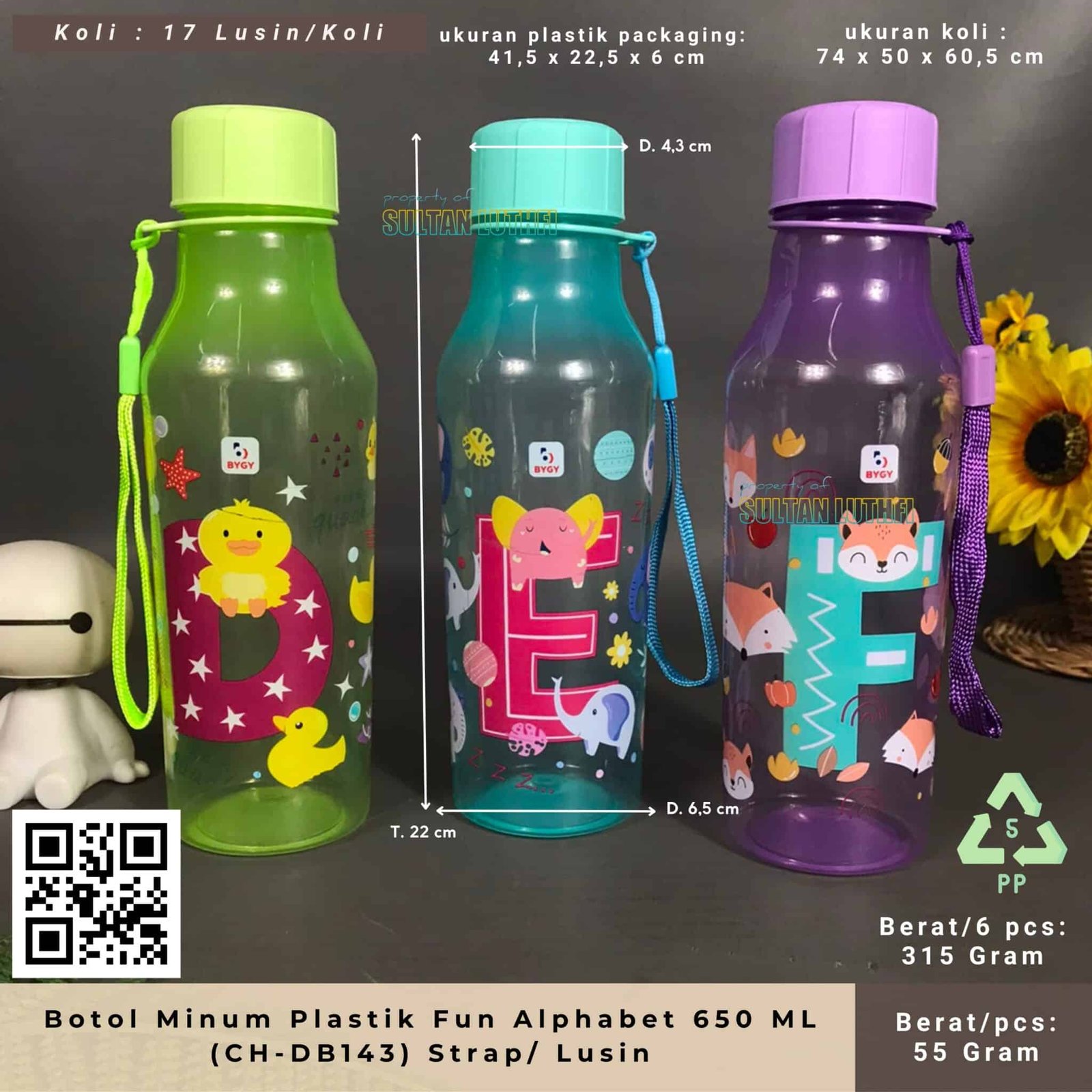 Botol Minum Plastik Fun Alphabet 650 ML (CH-DB143) Strap Lusin