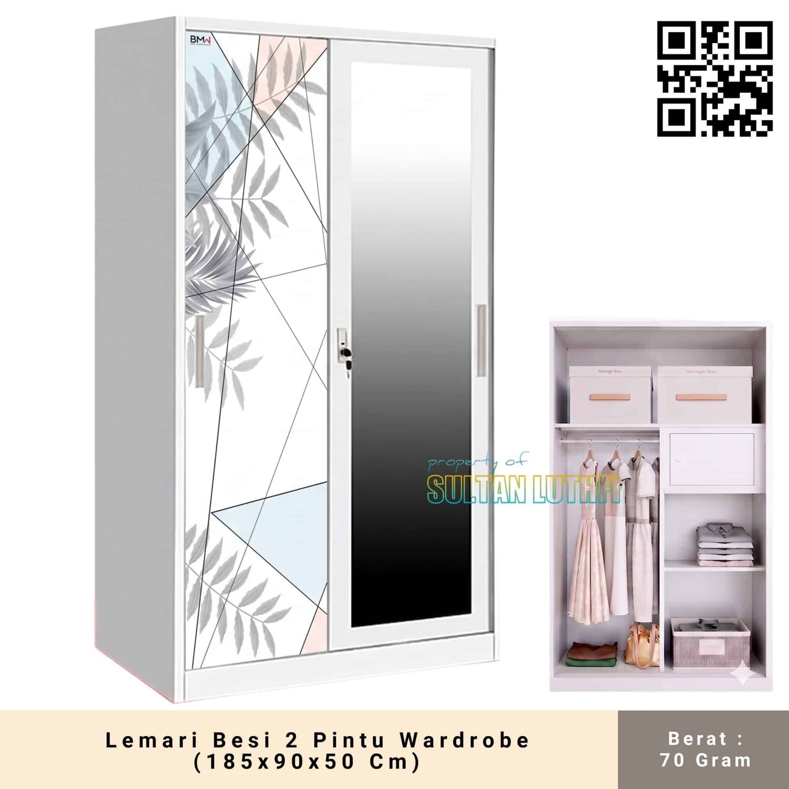 Lemari Besi 2 Pintu Wardrobe (185x90x50 Cm)4