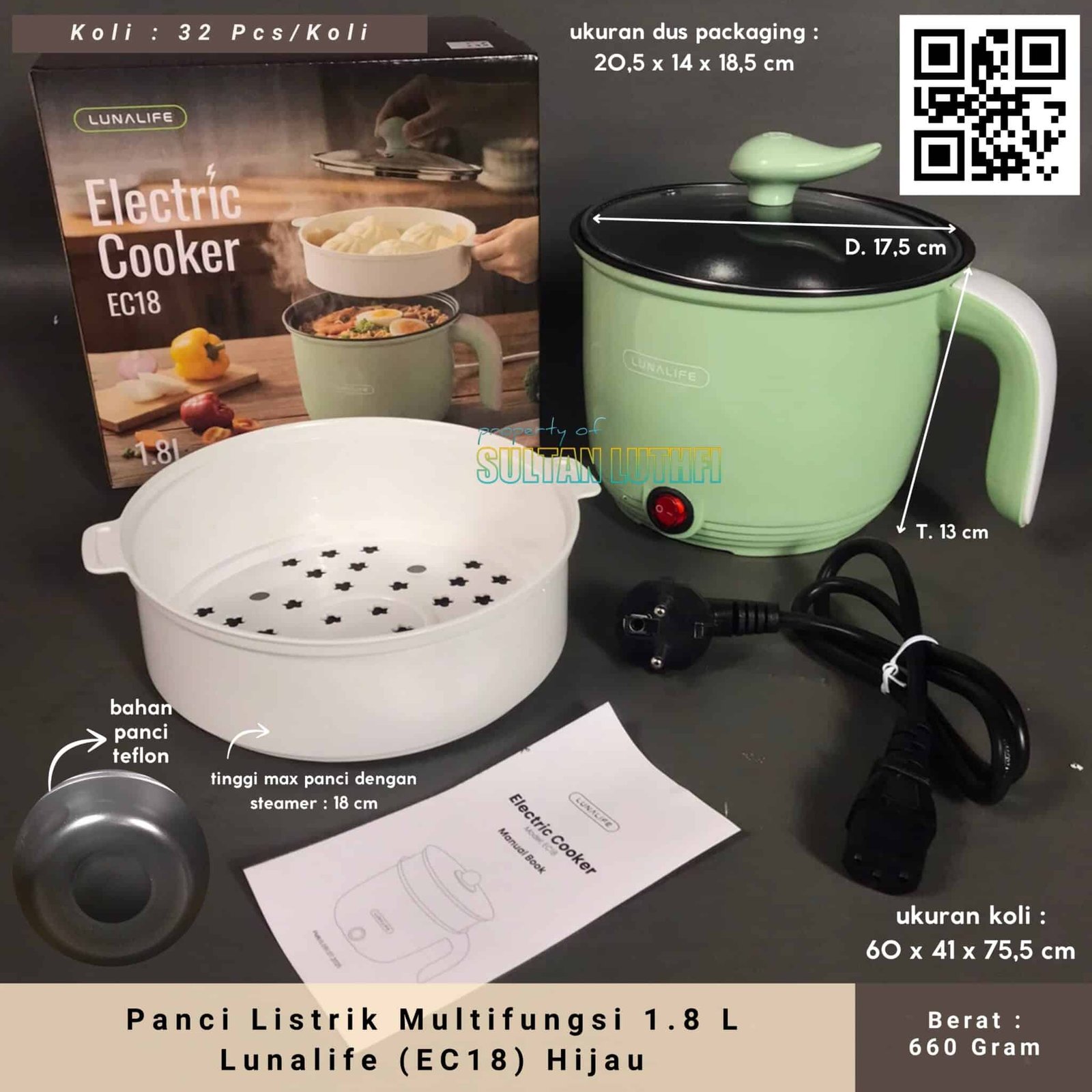 Panci Listrik Multifungsi 1.8 L Lunalife (EC18) Hijau