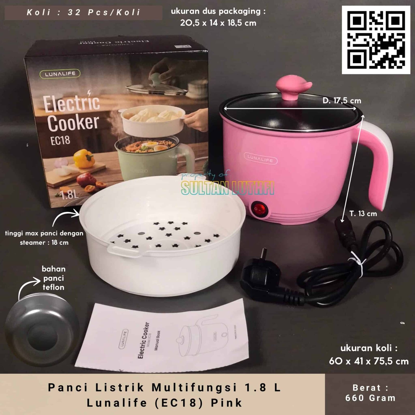 Panci Listrik Multifungsi 1.8 L Lunalife (EC18) Pink