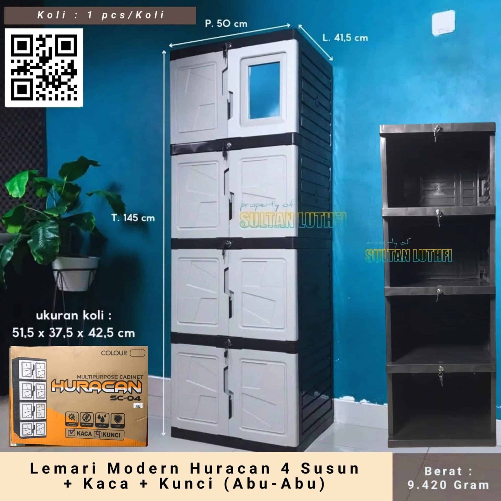 Lemari Modern Huracan 4 Susun + Kaca + Kunci (Abu-Abu)