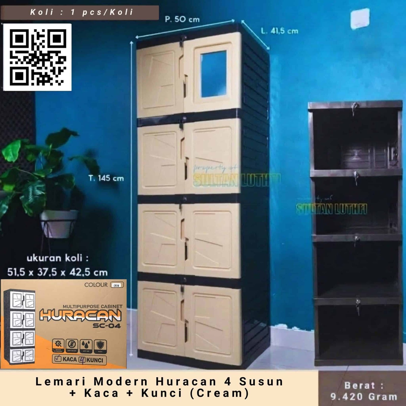 Lemari Modern Huracan 4 Susun + Kaca + Kunci (Cream)