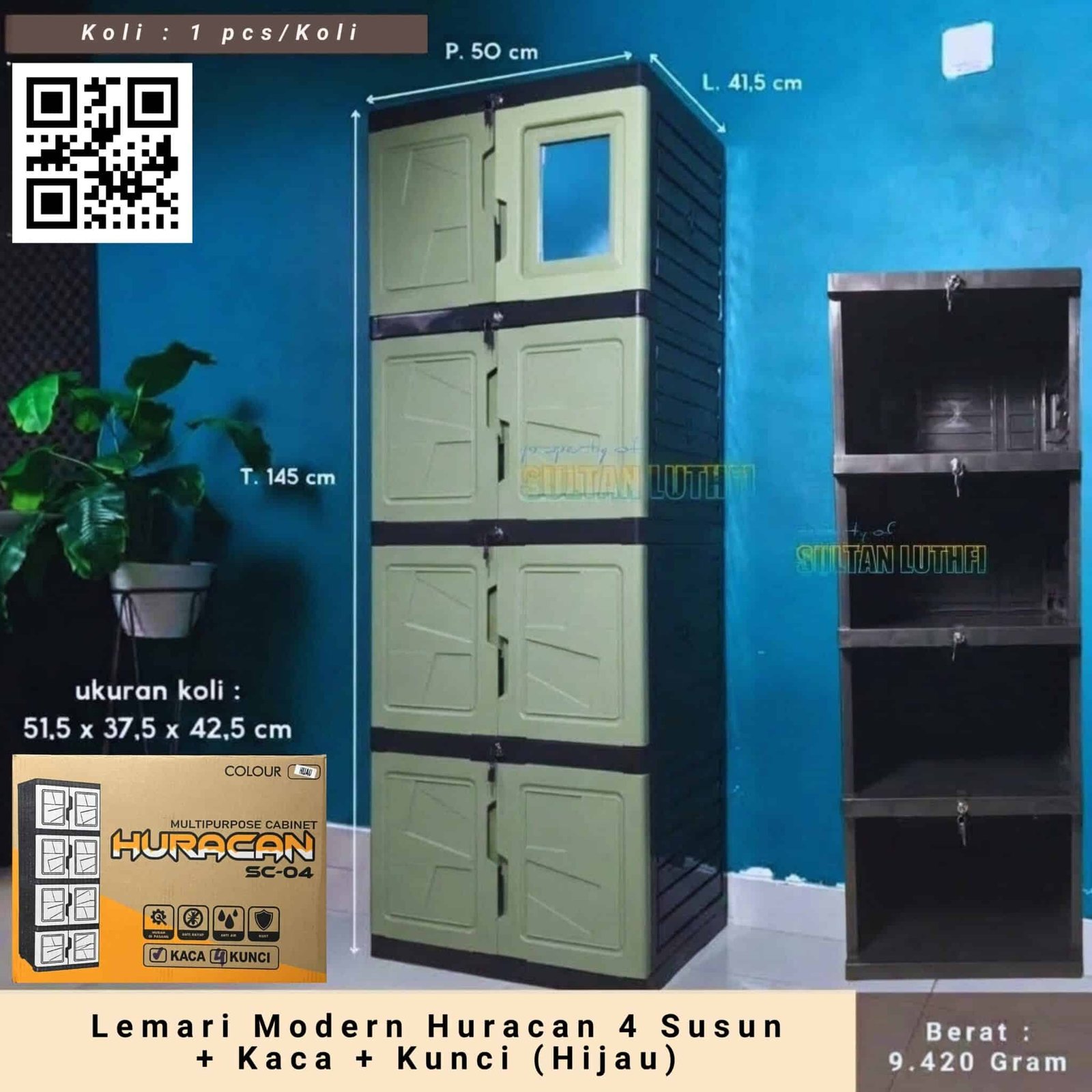 Lemari Modern Huracan 4 Susun + Kaca + Kunci (Hijau)