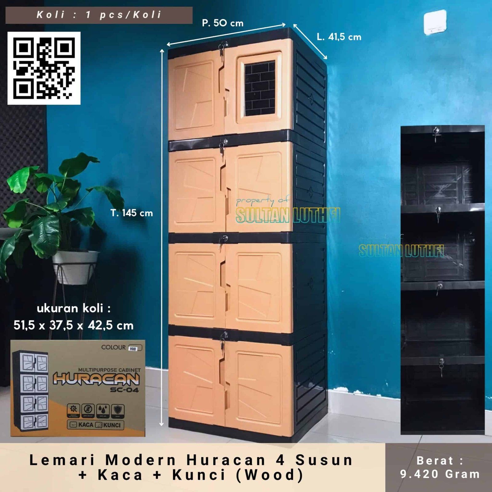 Lemari Modern Huracan 4 Susun + Kaca + Kunci (Wood)
