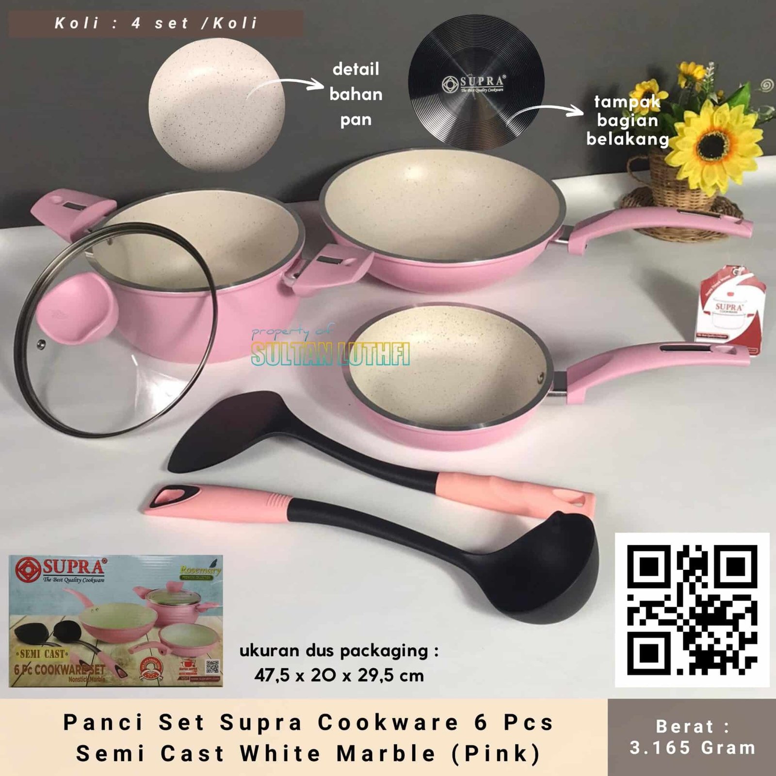 Panci Set Supra Cookware 6 Pcs Semi Cast White Marble (Pink)