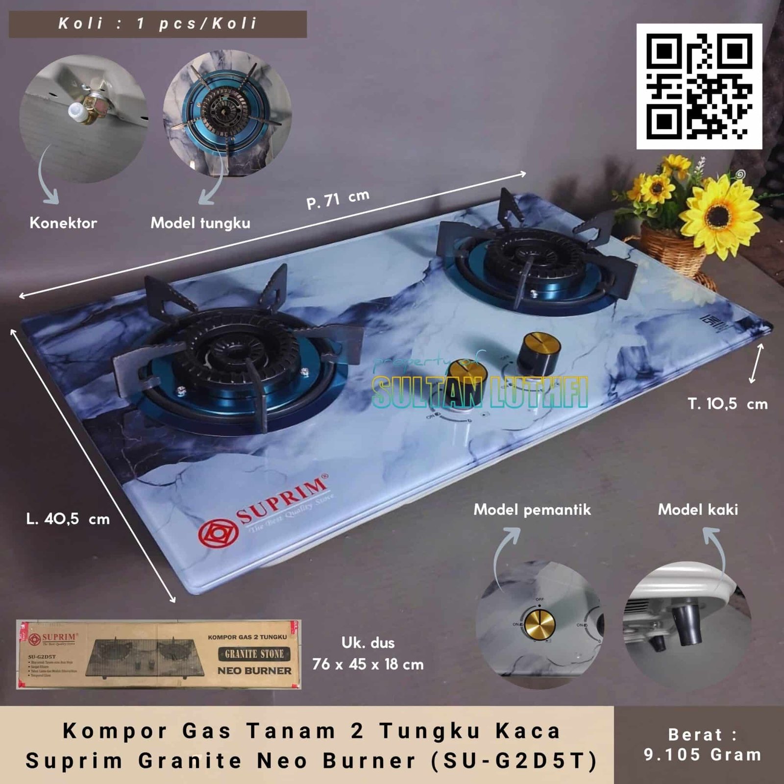 Kompor Gas Tanam 2 Tungku Kaca Suprim Granite Neo Burner (SU-G2D5T)